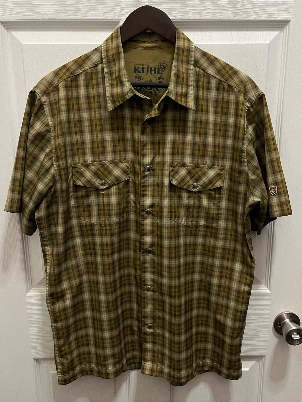 Kuhl Men’s Short-Sleeve Plaid Button-Down Shirt — Olive/Brown